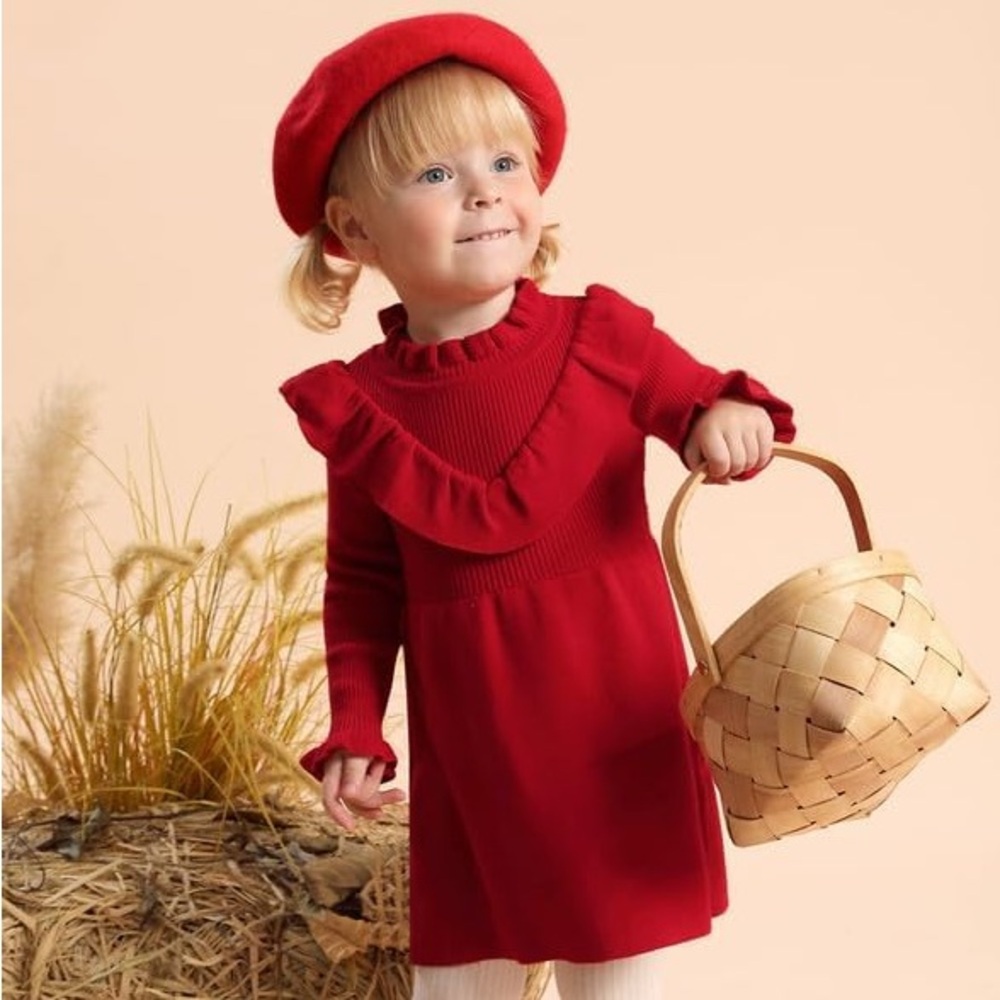 VGUC Red Knit Ruffle Ribbed High Neck Long Sleeve Sweater Dress